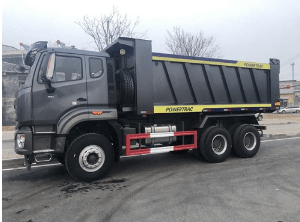A black-colored dump truck